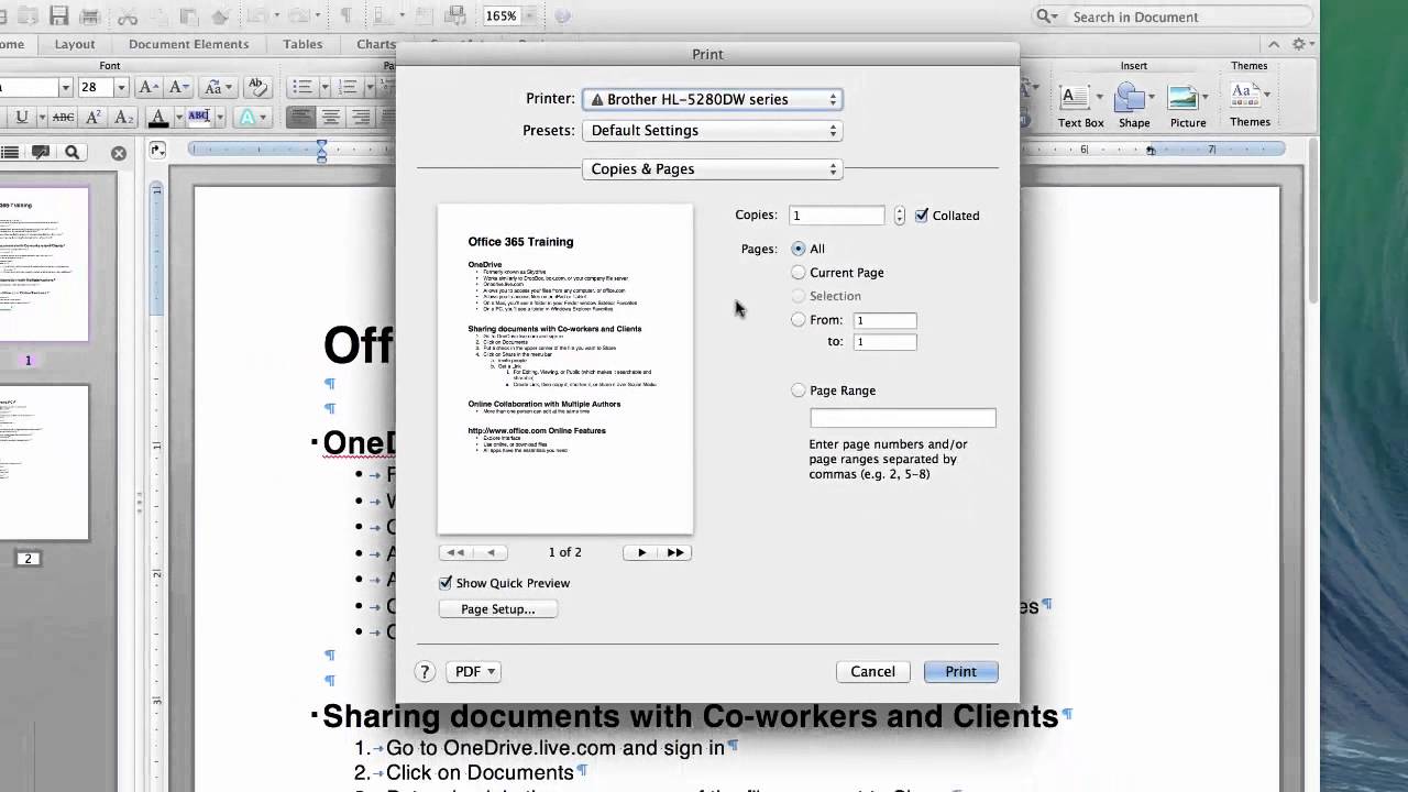 print settings microsoft office 2011 for mac